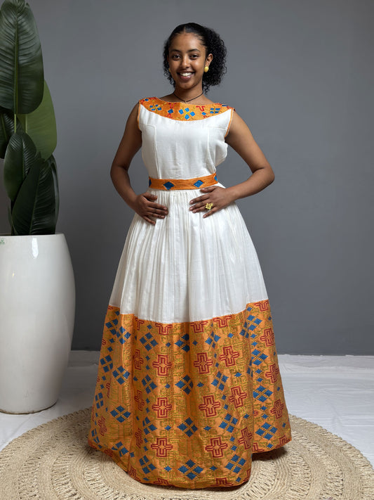Golden Flame Sleeveless Habesha Dress | Elegant Ethiopian Kemis Hab252