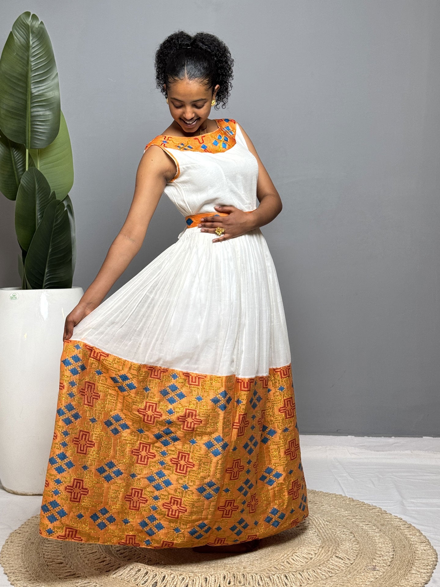 Golden Flame Sleeveless Habesha Dress | Elegant Ethiopian Kemis Hab252