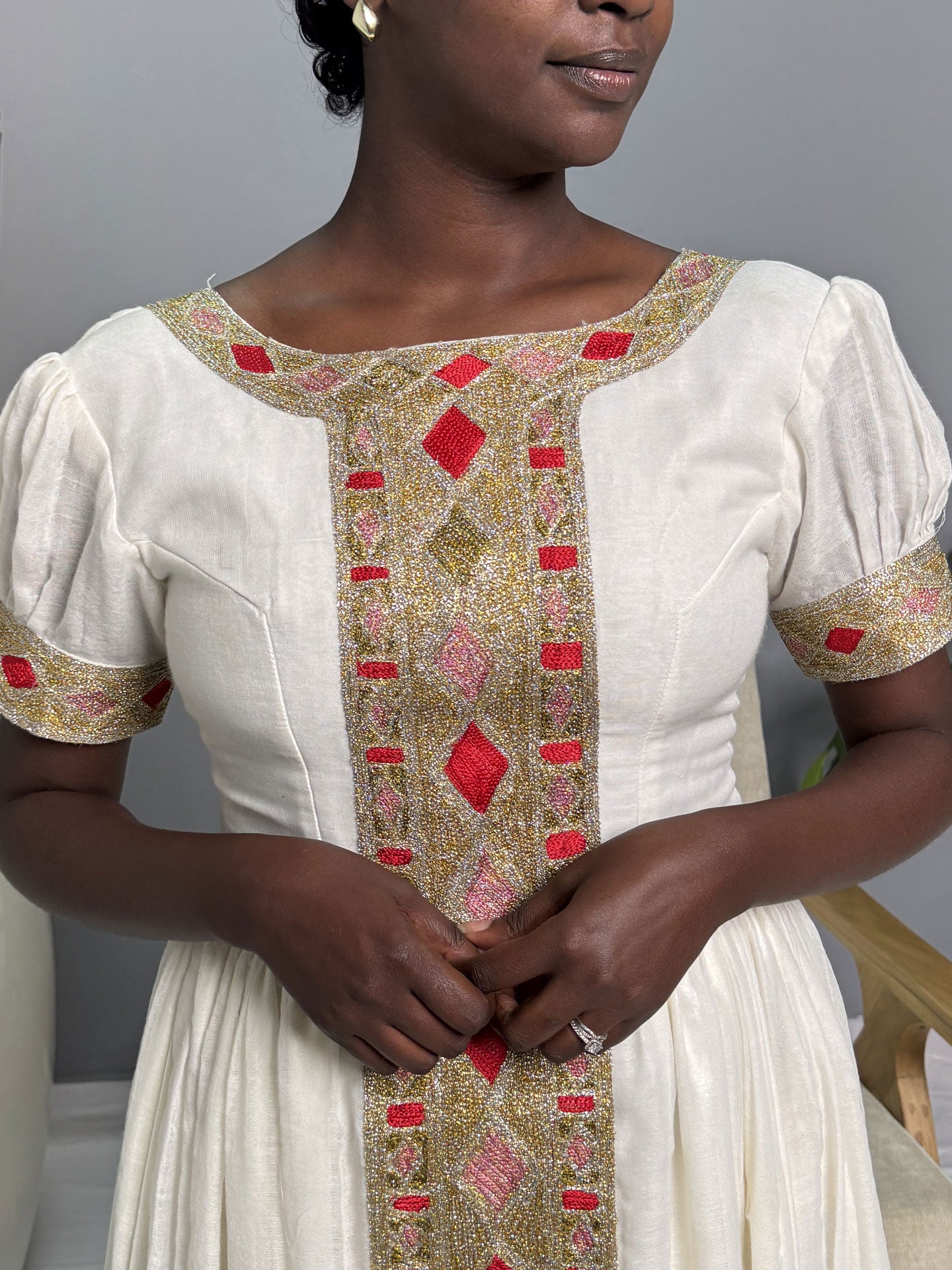Ivory Gold Diamond Habesha Dress | Classic Ethiopian Kemis Hab253