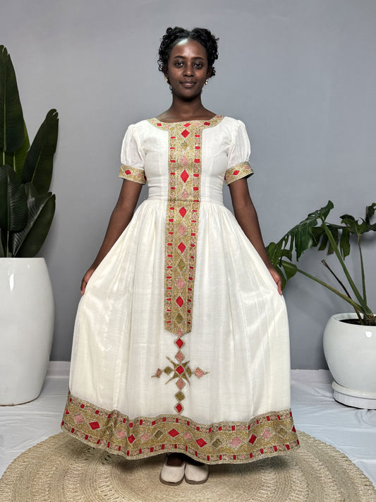 Ivory Gold Diamond Habesha Dress | Classic Ethiopian Kemis Hab253