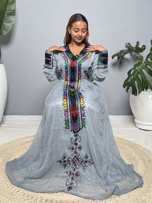 Gray Cross Embroidered Habesha Dress | Modern Habesha Kemis Hab255