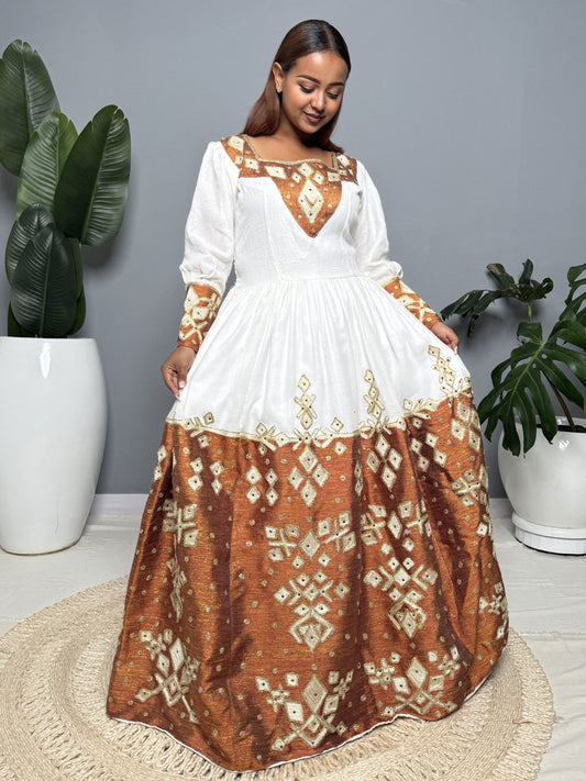 Copper and Gold Handwoven Habesha Kemis | Traditional Ethiopian Dress Hab257