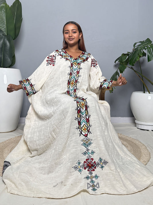 Turquoise & Red Tibeb Cream Flare Habesha Kemis | Handmade Ethiopian Dress Hab259