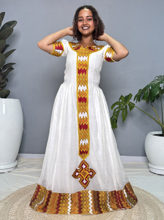 Red & Yellow Tibeb Habesha Kemis | Handmade Ethiopian Dress Hab261