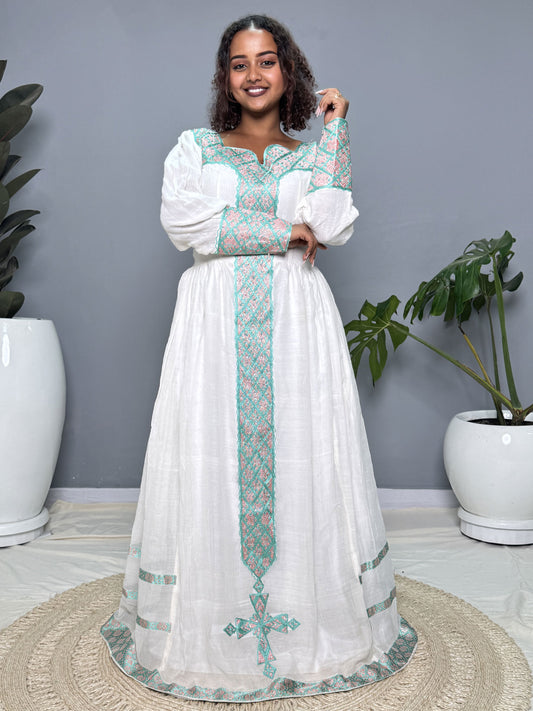 Mint Green & Soft Pink Tibeb Handmade Habesha Kemis | Ethiopian Dress Hab262