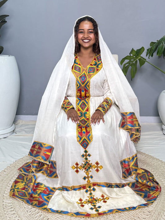Yellow, Blue & Red Tibeb Habesha Kemis | Handwoven Ethiopian Dress Hab263