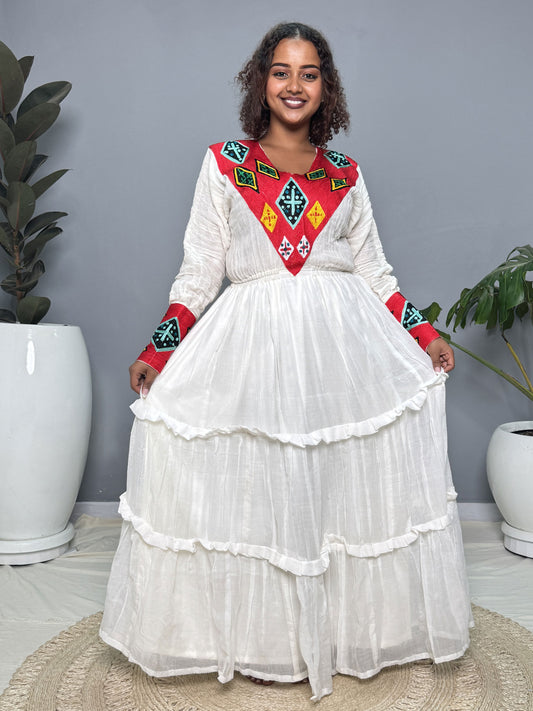Red Diamond Embroidered Layered Skirt Habesha Kemis | Handwoven Ethiopian Dress Hab265