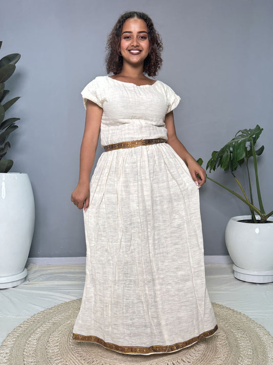 Cream and Gold Handwoven Habesha Kemis | Traditional Ethiopian Dress Hab264