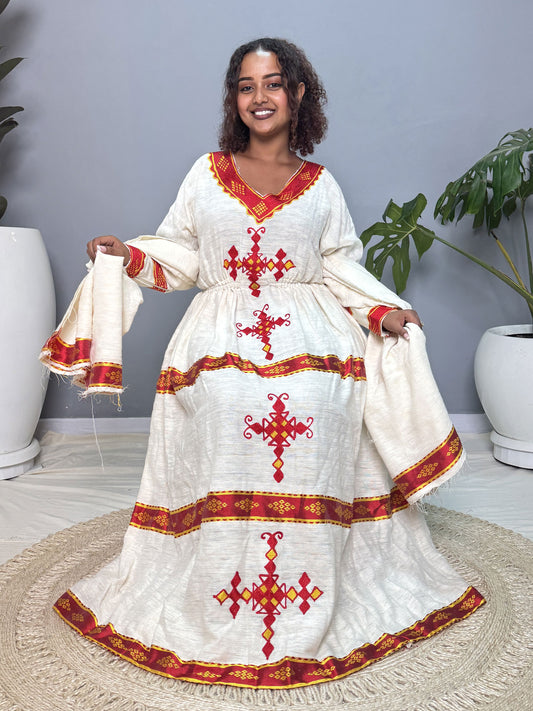 Red & Gold Cross Embroidered Habesha Kemis | Modern Handmade Ethiopian Kemis Hab266