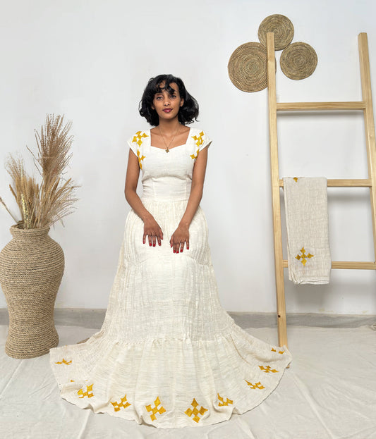 Golden Cross Tiered Habesha Dress | Elegant Ethiopian Kemis Hab246
