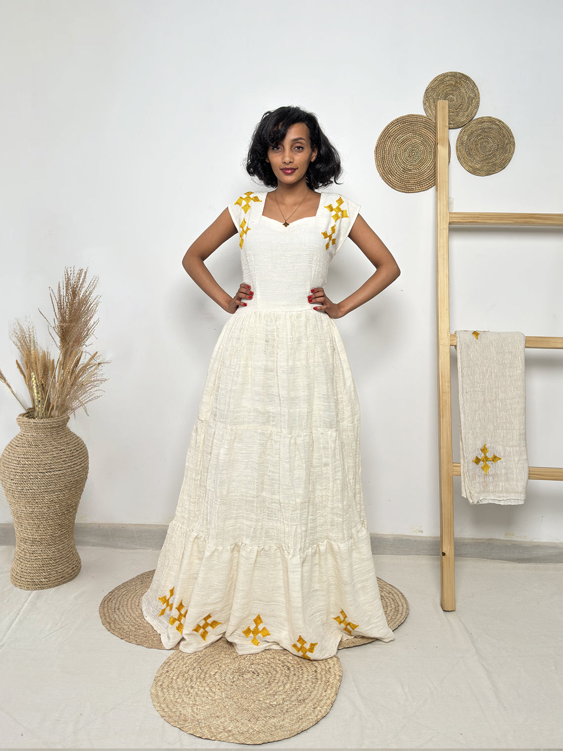 Golden Cross Tiered Habesha Dress | Elegant Ethiopian Kemis Hab247