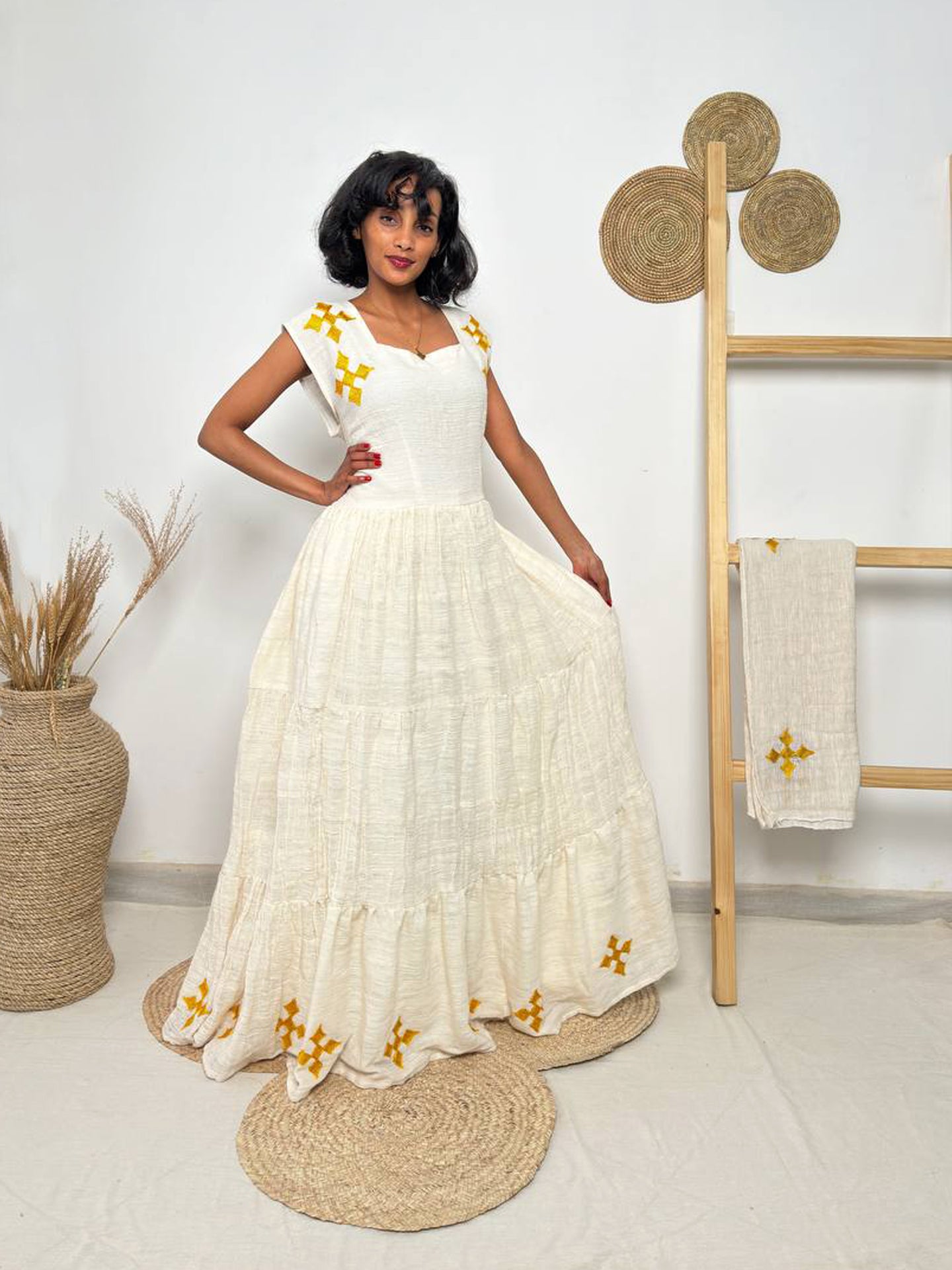 Golden Cross Tiered Habesha Dress | Elegant Ethiopian Kemis Hab247