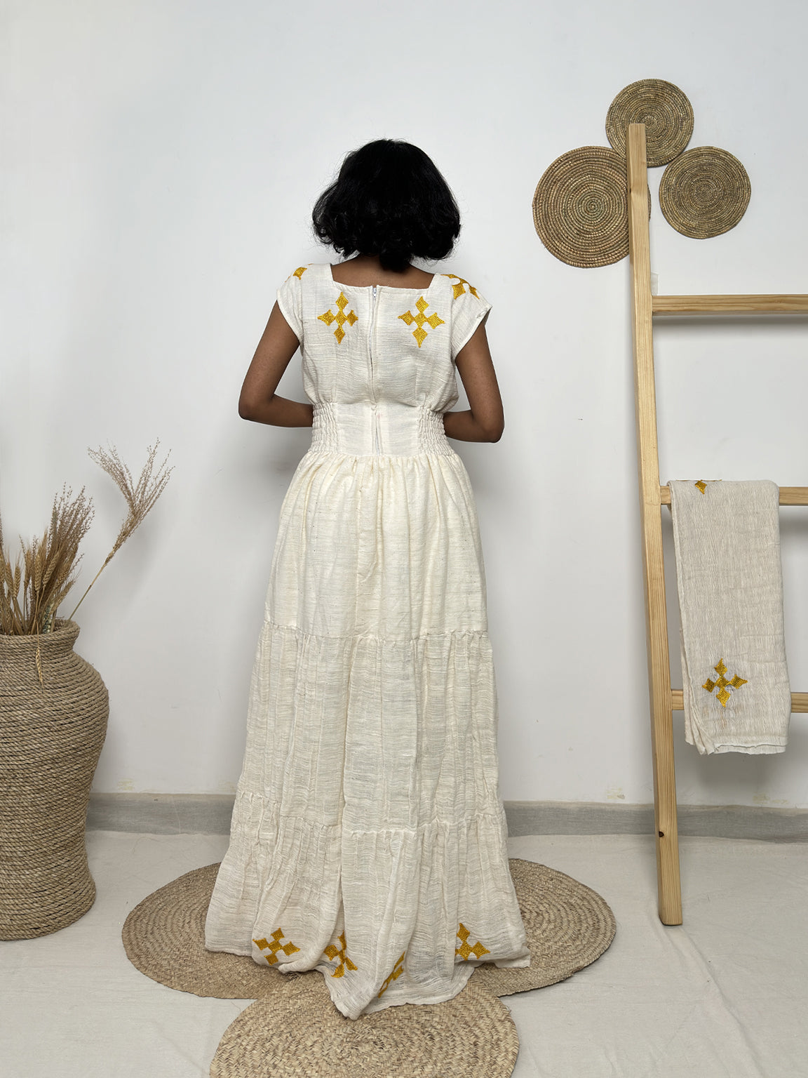 Golden Cross Tiered Habesha Dress | Elegant Ethiopian Kemis Hab247