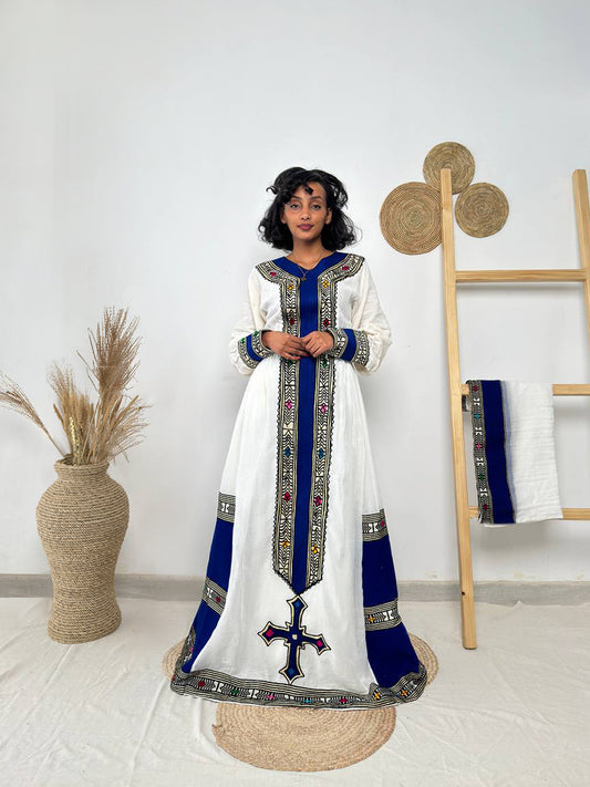 Traditional Ethiopian Habesha Dress | Royal Blue Cross Tilet Kemis | Handwoven Cotton Fit & Flare Dress Hab251