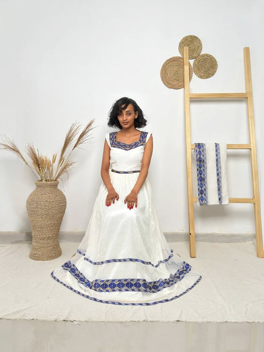 Royal Blue Horizon Habesha Dress | Classic Ethiopian Kemis Hab249