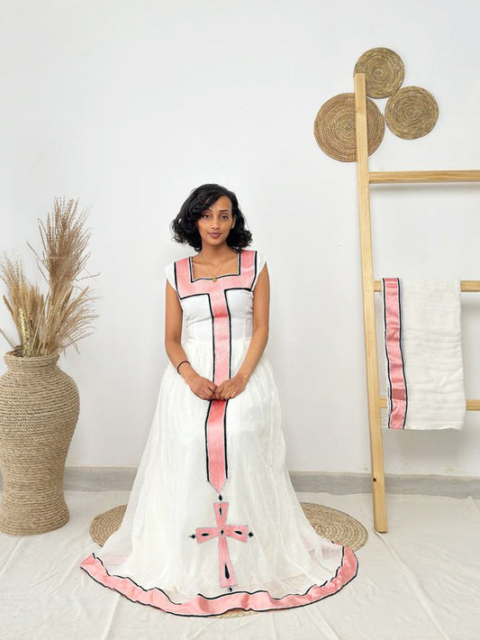Blush Cross Panel Habesha Dress | Modern Ethiopian Kemis Hab248
