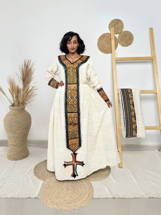 Heritage Flame Cross-Front Habesha Dress | Bold Ethiopian Kemis Hab246
