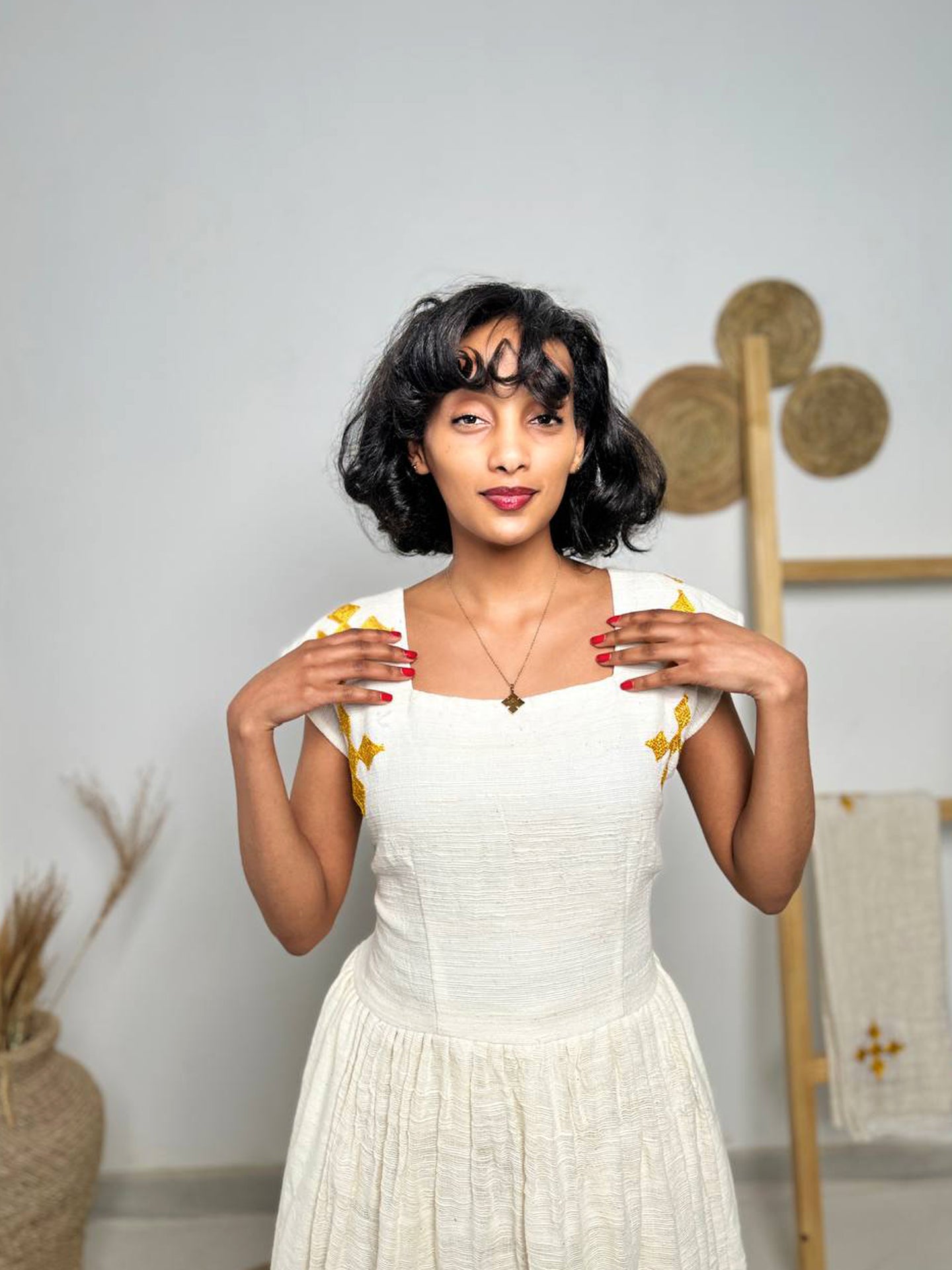 Golden Cross Tiered Habesha Dress | Elegant Ethiopian Kemis Hab247