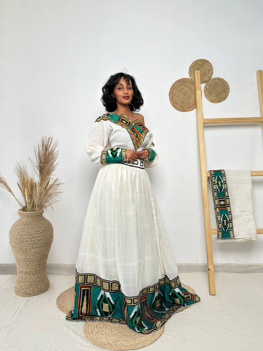 Emerald Radiance One-Shoulder Habesha Dress | Regal Ethiopian Kemis Hab250