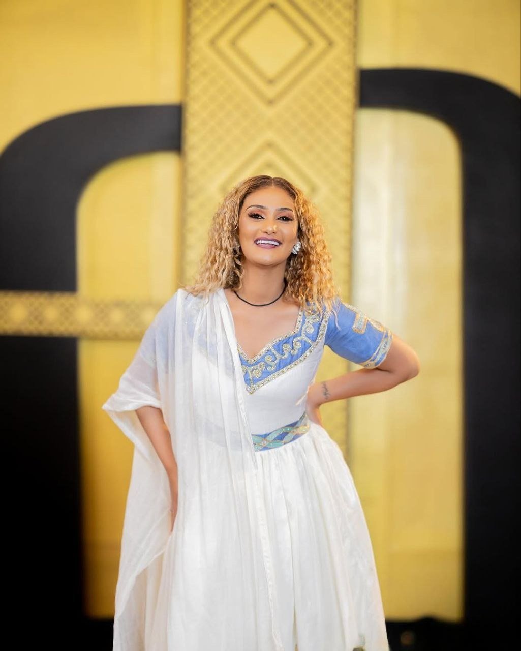 SARON ELEGANT ETHIOPIAN DRESS | BLUE AND GOLD ACCENT HABESHA KEMIS | MODERN HABESHA DRESS