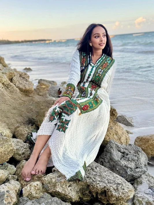 Saron - Green Multicolor Embroidered Handwoven Habesha Kemis | Authentic Ethiopian Traditional Dress Hab273