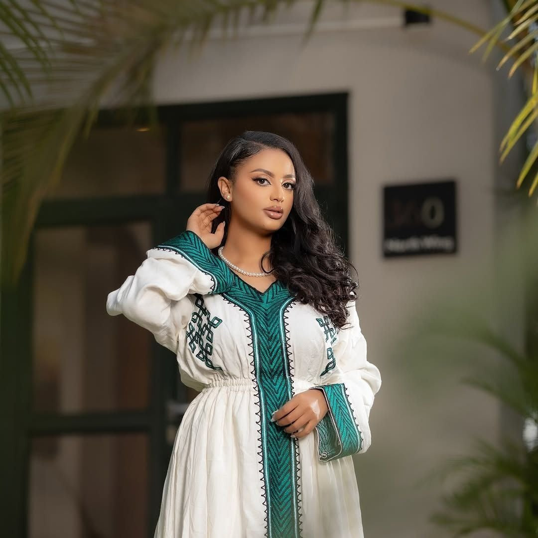 LULIT TRADITIONAL ETHIOPIAN DRESS | DEEP GREEN HABESHA DRESS | HOLIDAY WEAR HABESHA KEMIS