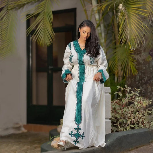 Emerald Green Embroidered Handwoven Habesha Kemis | Classic Traditional Ethiopian Dress Hab267