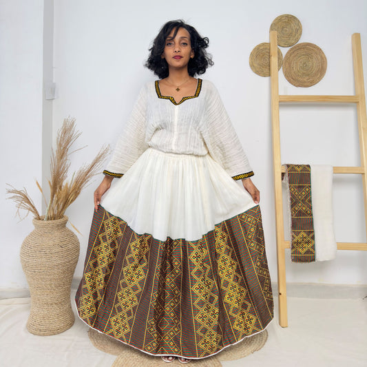 White Ethiopian Dress | Brown Diamond Tibeb Skirt | Handwoven Cotton | Elegant Cultural Wear Hab212