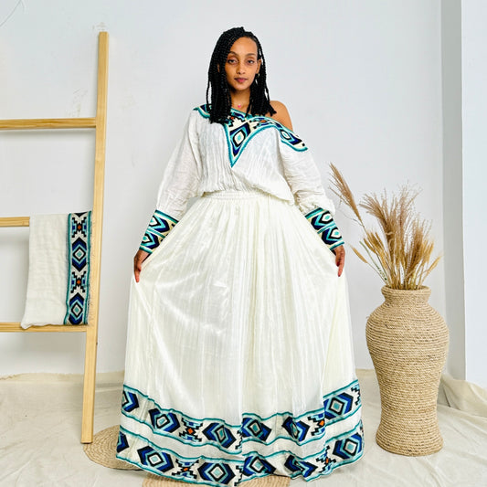 Blue Habesha Kemis with Diamond like Patterns Hab01