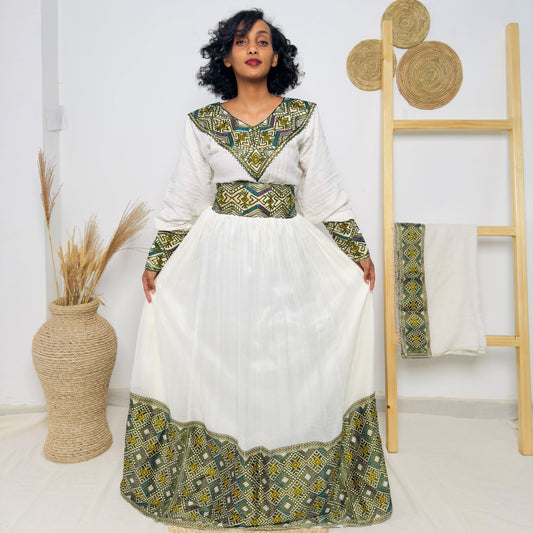 Ethiopian Handwoven White Dress | Olive Green & Mustard Tibeb Accents | Modern Habesha Kemis Hab208