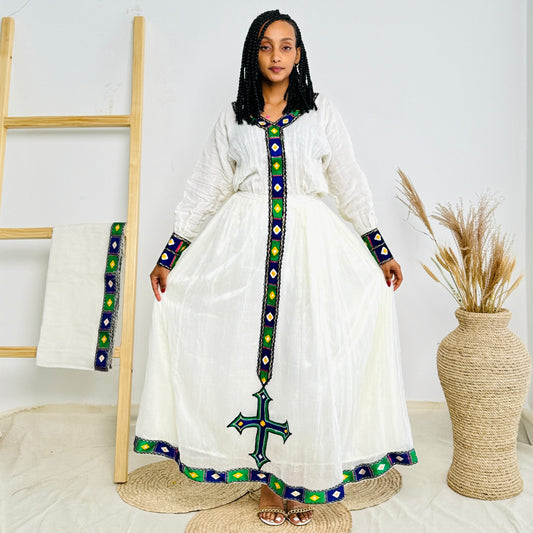 Blue and Green Habesha Dress Small Patterns Ethiopian Dress Hab02