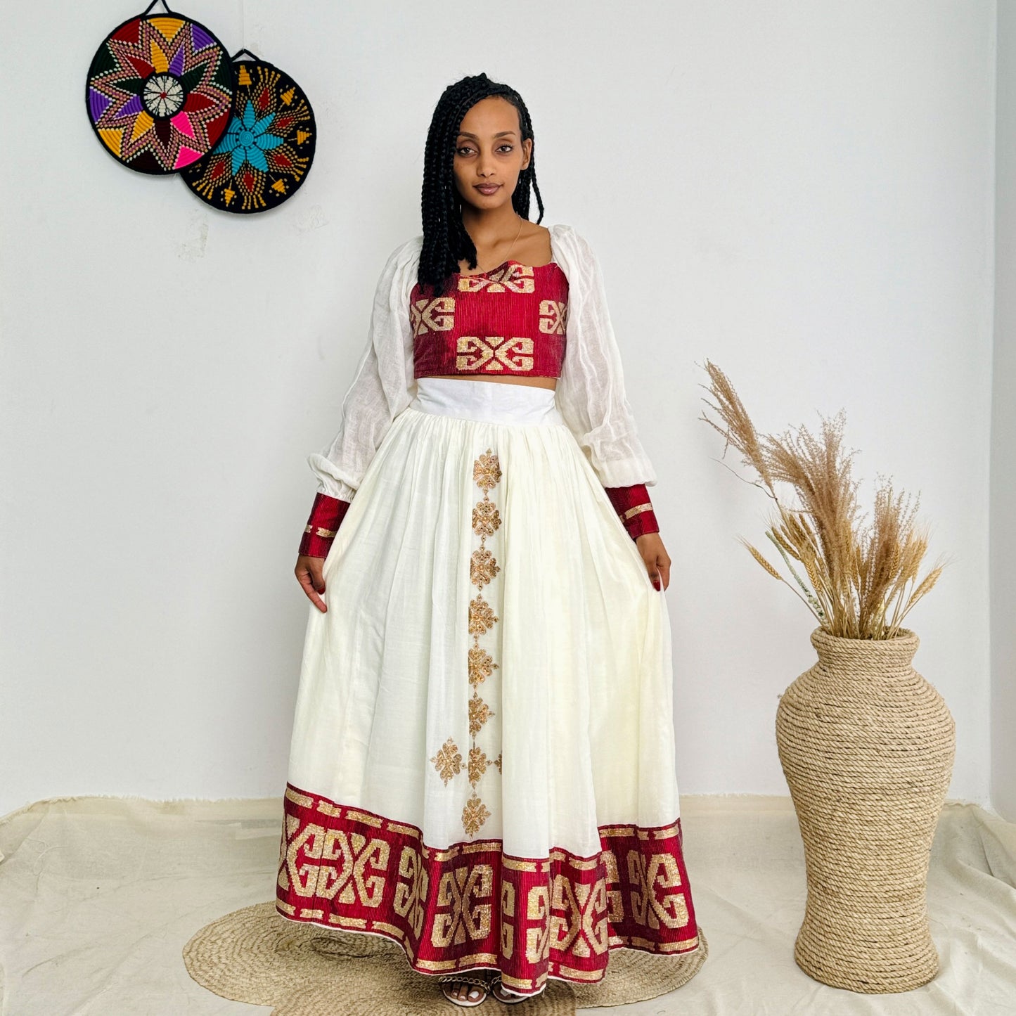 Stylish Red Crop and Skirt Habesha Dress