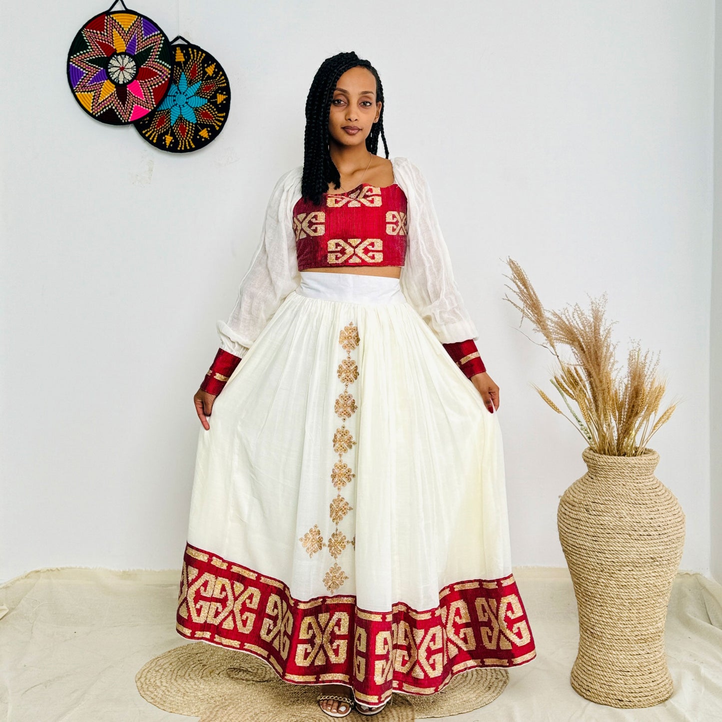 Stylish Red Crop and Skirt Habesha Dress with Intricate Patterns Hab20