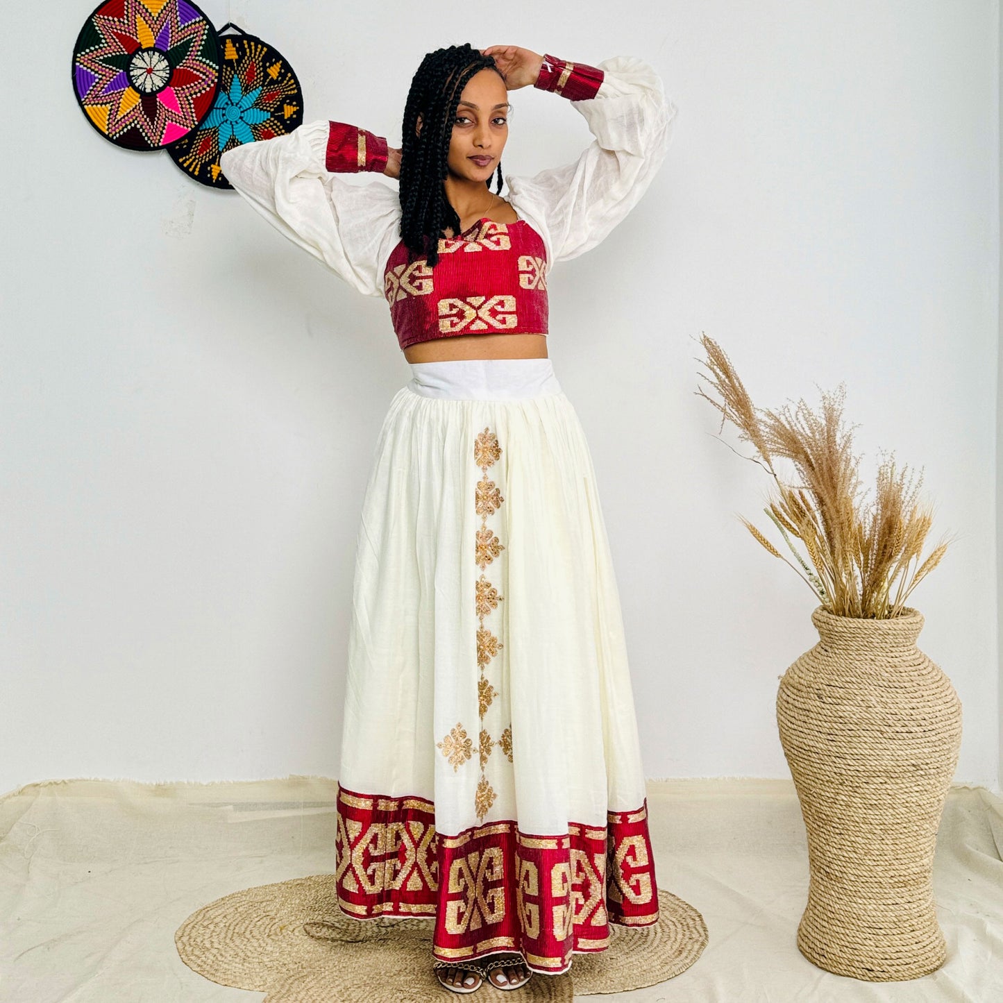 Stylish Red Crop and Skirt Habesha Dress with Intricate Patterns Hab20