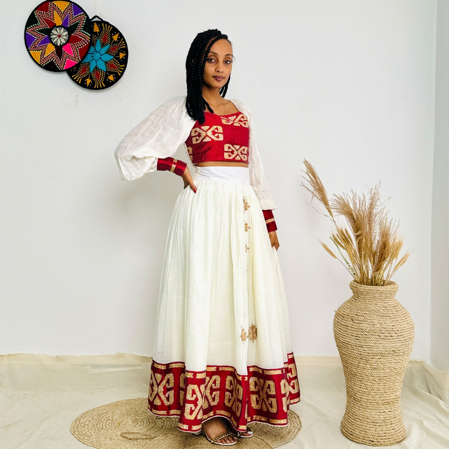 Stylish Red Crop and Skirt Habesha Dress with Intricate Patterns Hab20