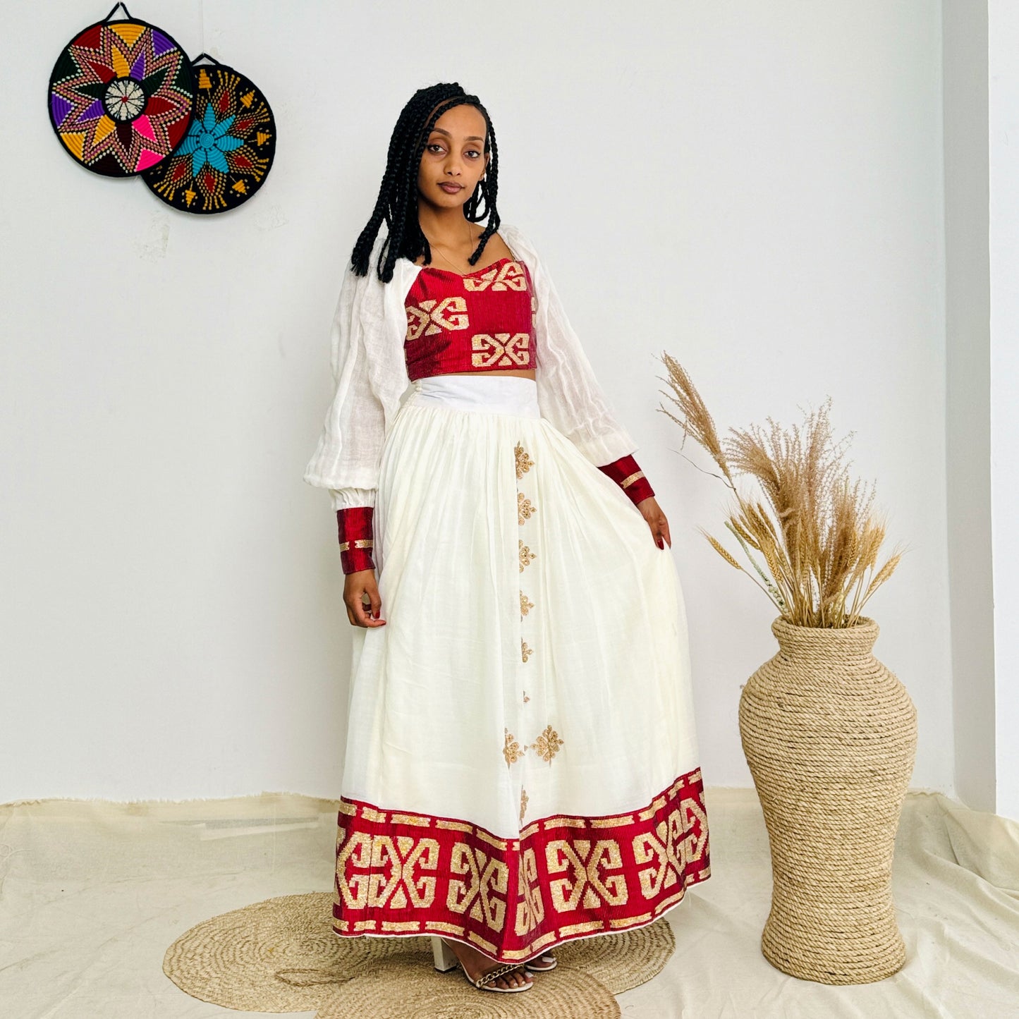 Stylish Red Crop and Skirt Habesha Dress with Intricate Patterns Hab20