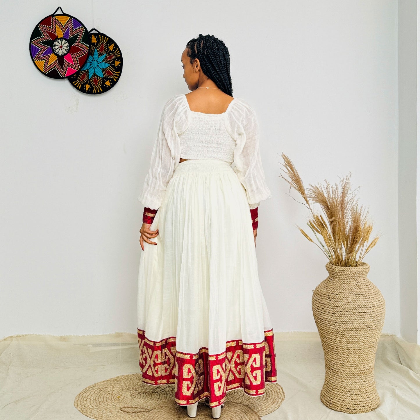 Stylish Red Crop and Skirt Habesha Dress with Intricate Patterns Hab20