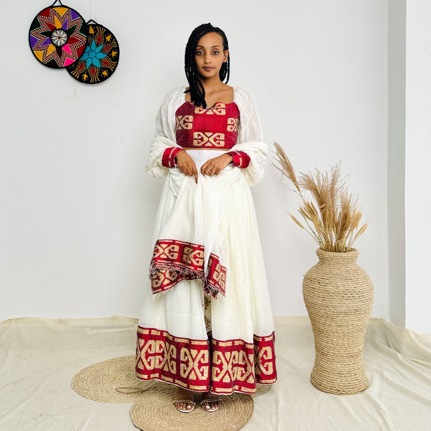 Stylish Red Crop and Skirt Habesha Dress with Intricate Patterns Hab20