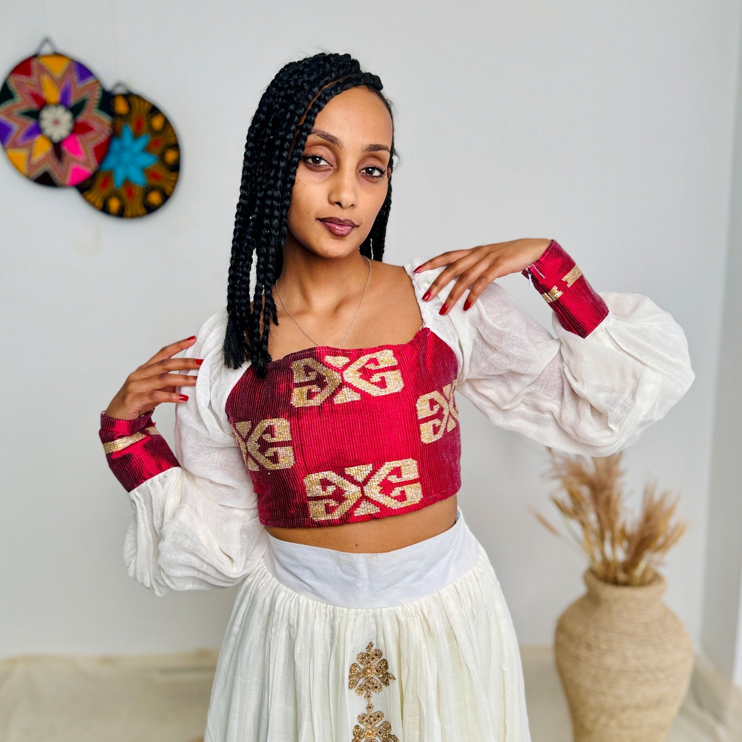 Stylish Red Crop and Skirt Habesha Dress with Intricate Patterns Hab20