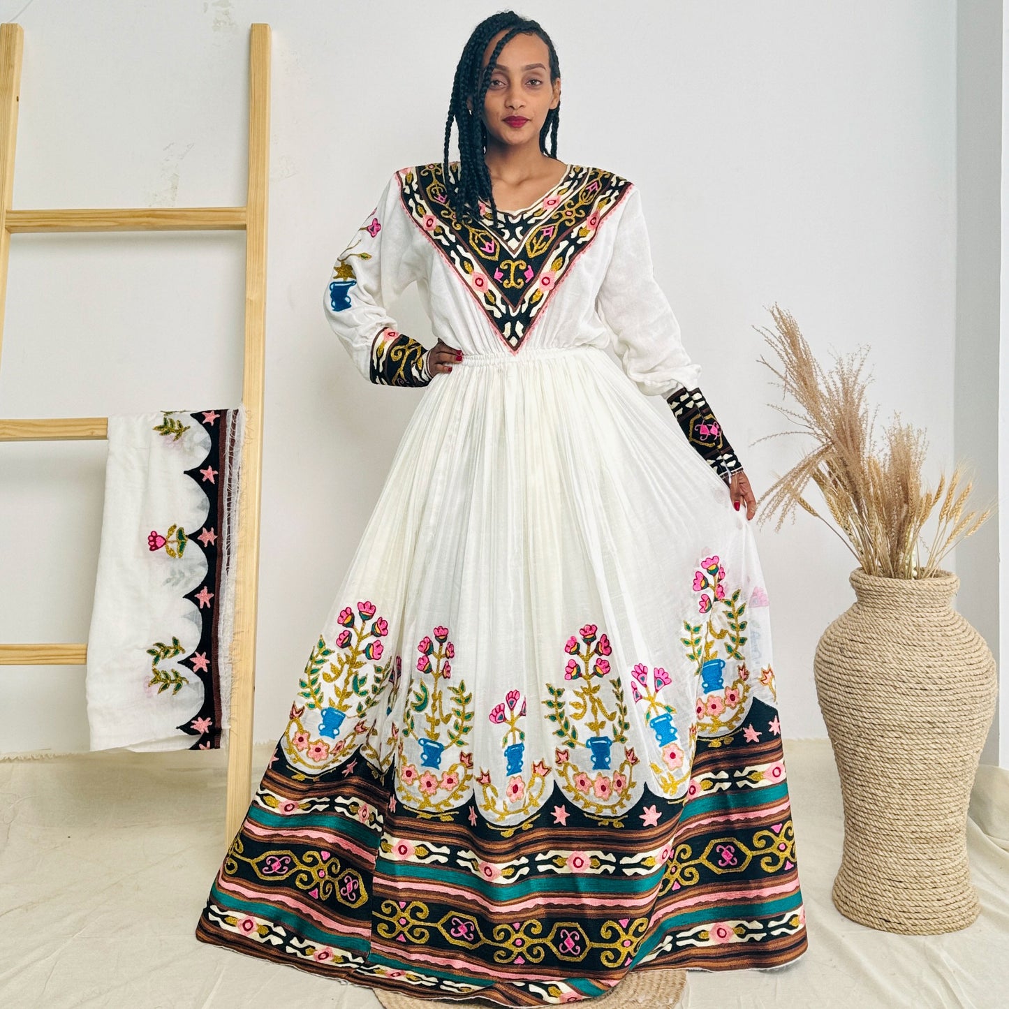 Elegant Dark Floral Habesha Dress with Multi-Colored Patterns Hab40