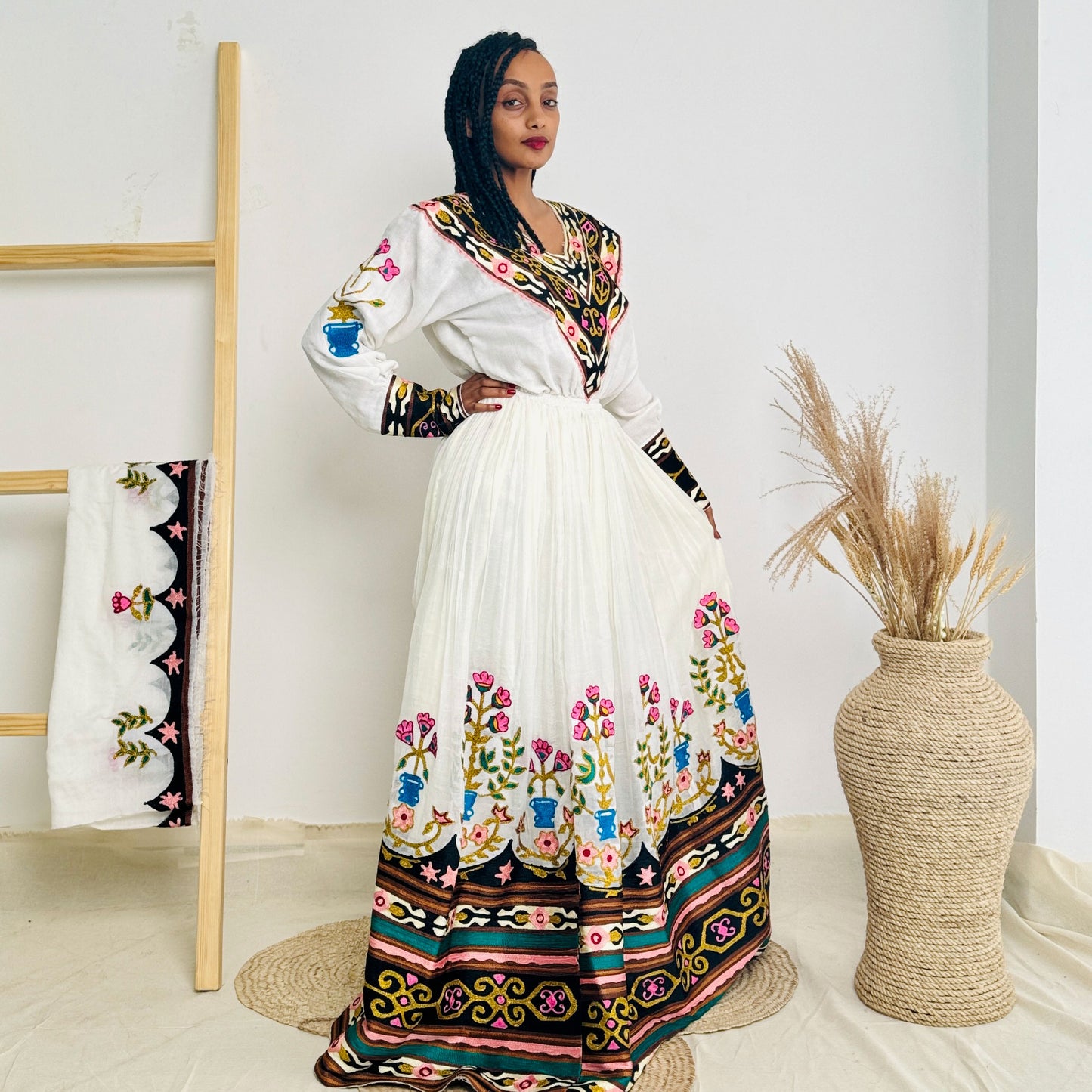 Elegant Dark Floral Habesha Dress with Multi-Colored Patterns Hab40