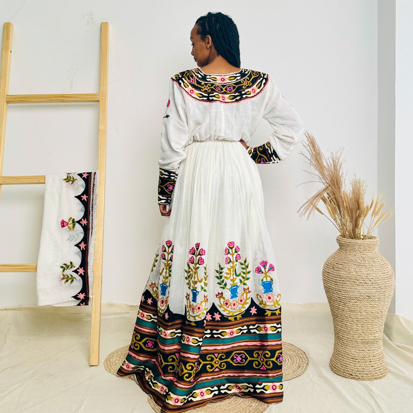 Elegant Dark Floral Habesha Dress with Multi-Colored Patterns Hab40