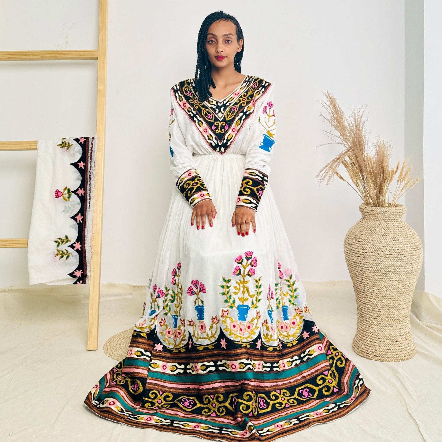 Elegant Dark Floral Habesha Dress with Multi-Colored Patterns Hab40