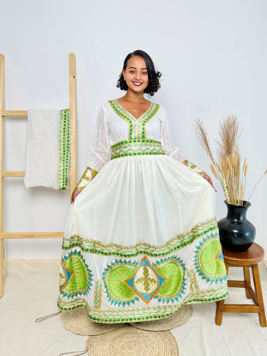 Ethiopian Handwoven Habesha Kemis | Fresh Green & Gold Tibeb | Effortlessly Elegant Hab147