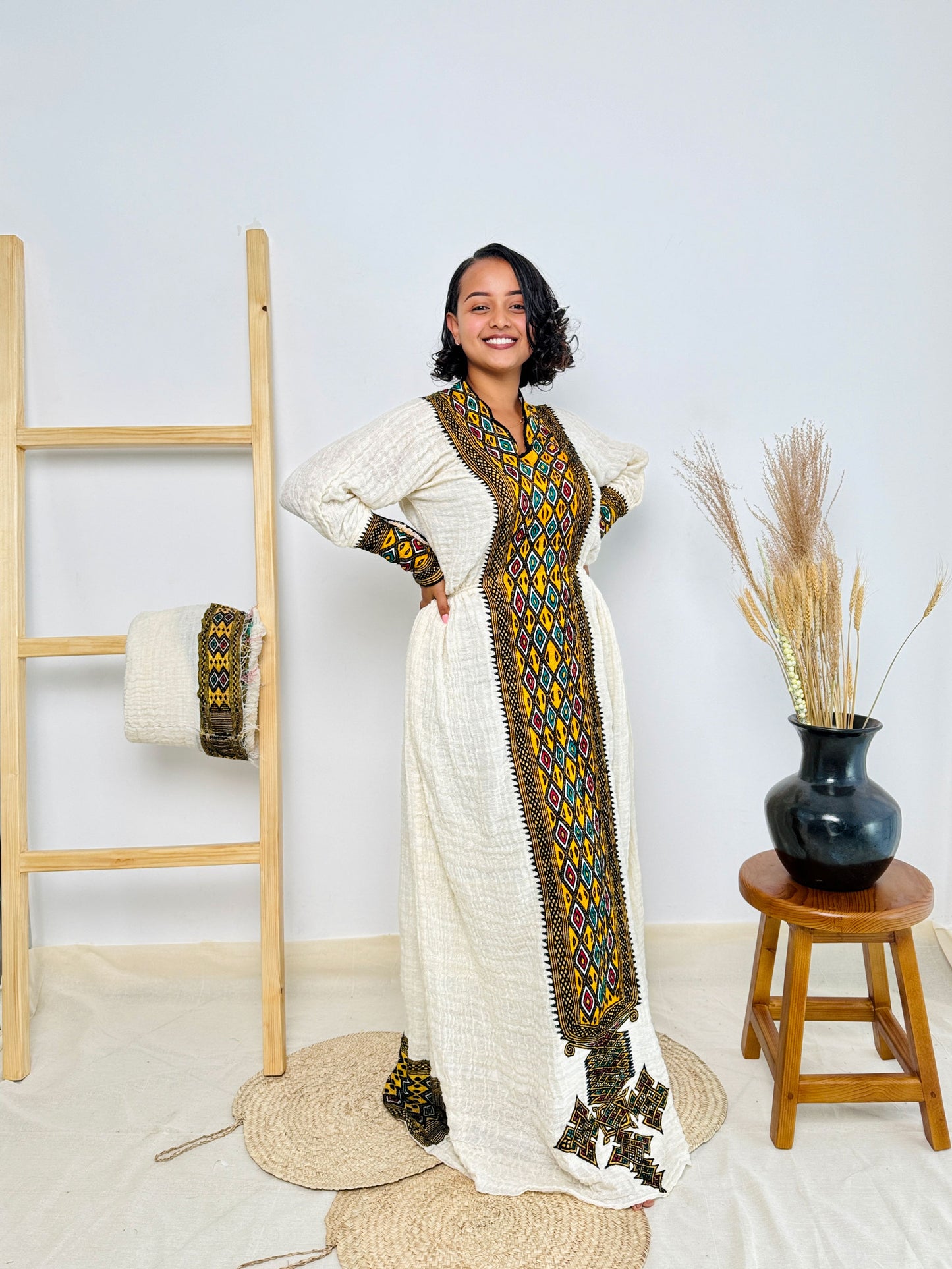 Modern Golden and Vibrant Habesha Dress with Gorgeous Patterns