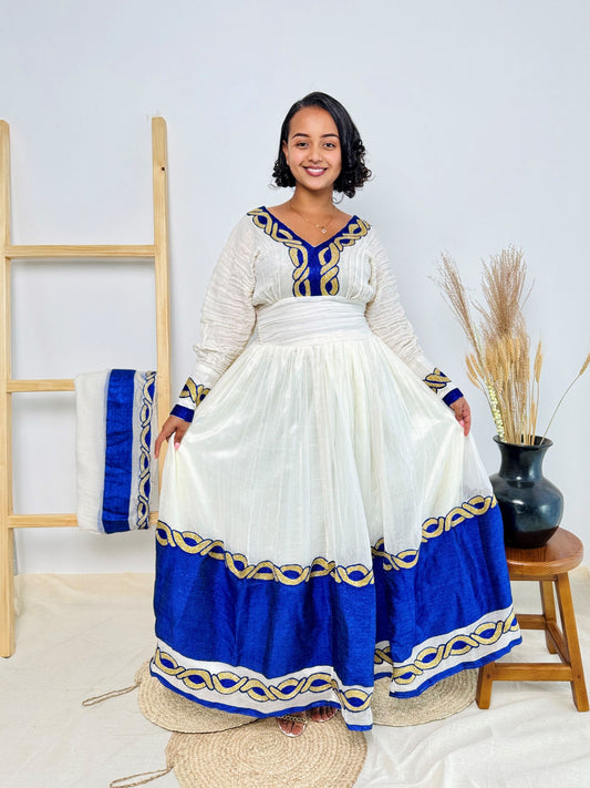 Royal Blue Ethiopian Handwoven Dress | Gold Chain Tibeb on White Menen Fabric | Graceful Habesha Kemis Hab176