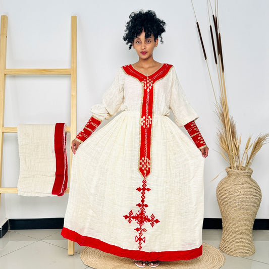 Habesha Dress | Red and Gold Full-Sleeve Embroidered Design | Perfect for Weddings and Festivals | Intricate Handwoven Patterns Hab60