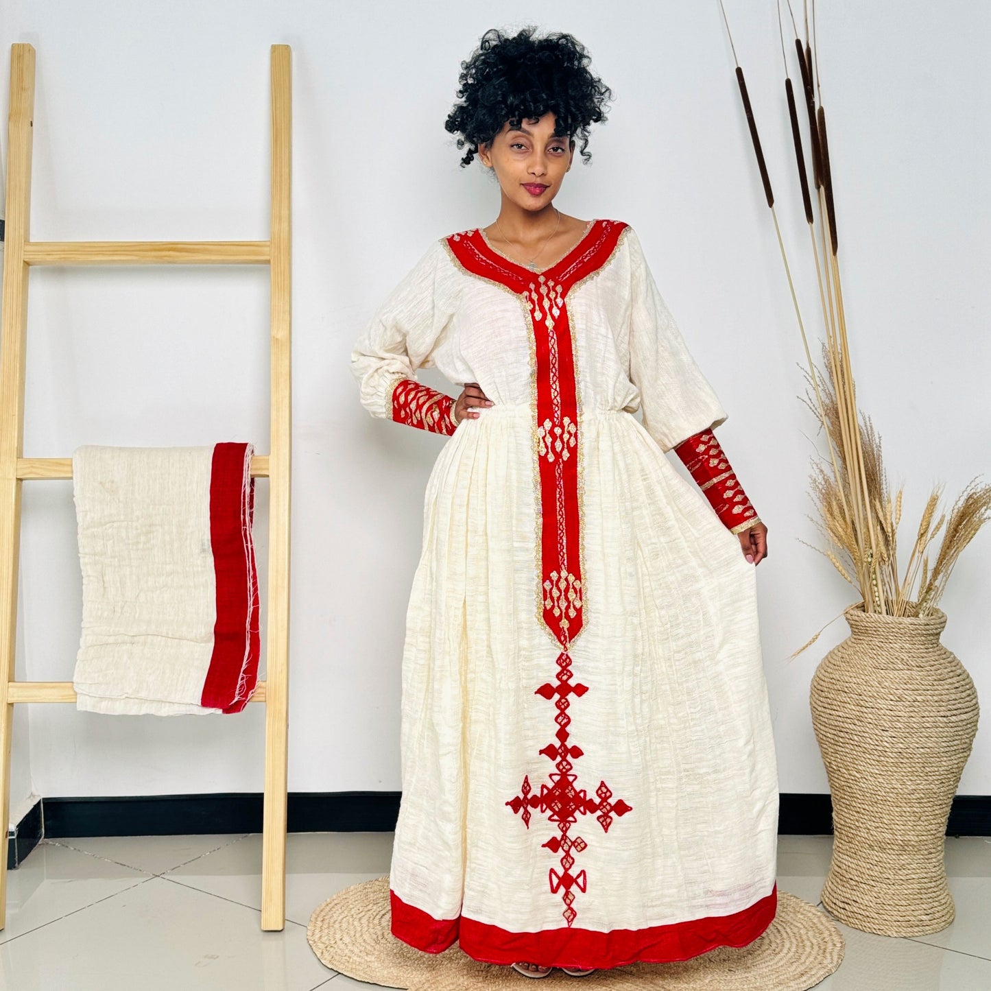 Habesha Dress | Red and Gold Full-Sleeve Embroidered Design | Perfect for Weddings and Festivals | Intricate Handwoven Patterns Hab60