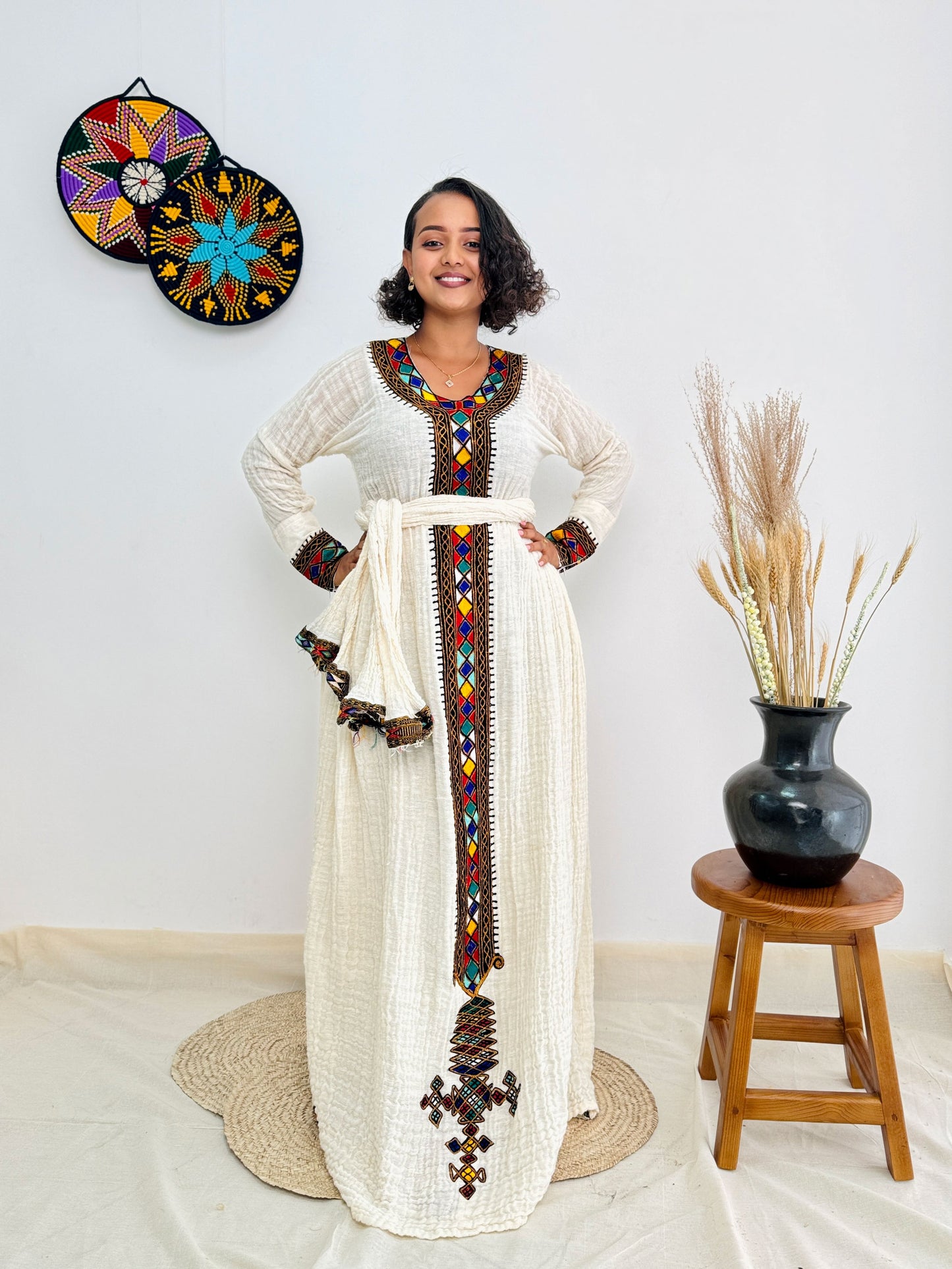 Habesha Dress | Colorful Embroidered Full-Sleeve Design | Special Occasion Wear | Black with Colorful Detailing Hab58