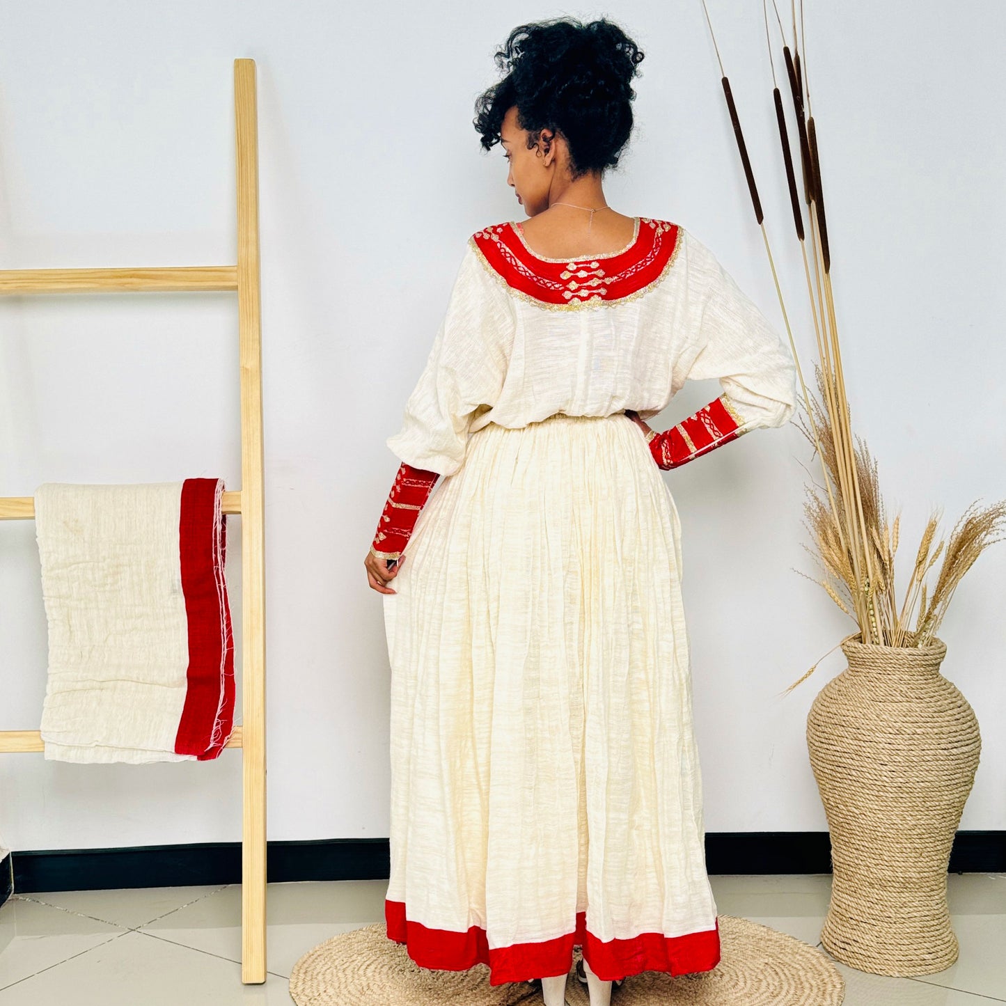 Habesha Dress | Red and Gold Full-Sleeve Embroidered Design | Perfect for Weddings and Festivals | Intricate Handwoven Patterns Hab60